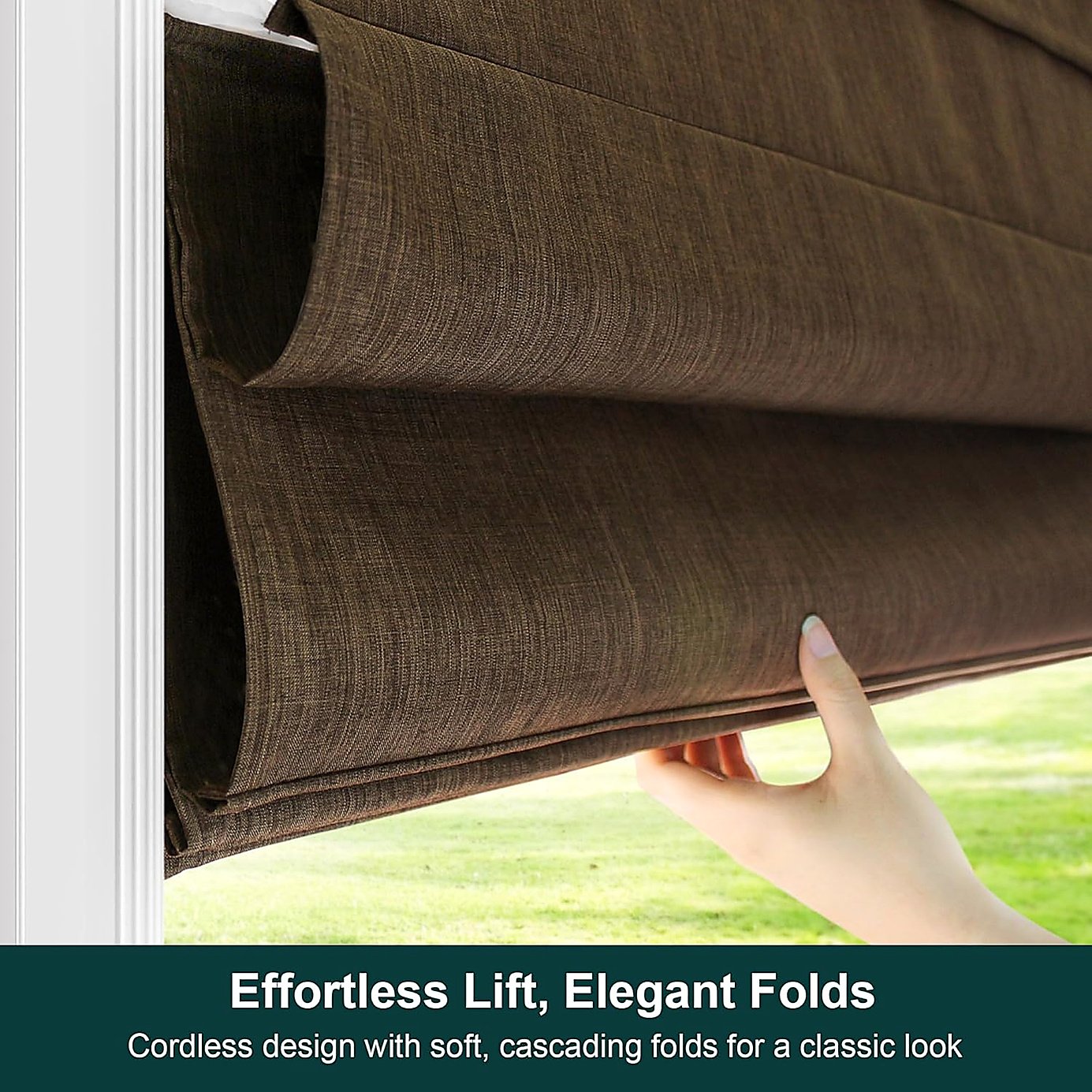 Chicology cordless Roman shade Belgian Chocolate installed in living room